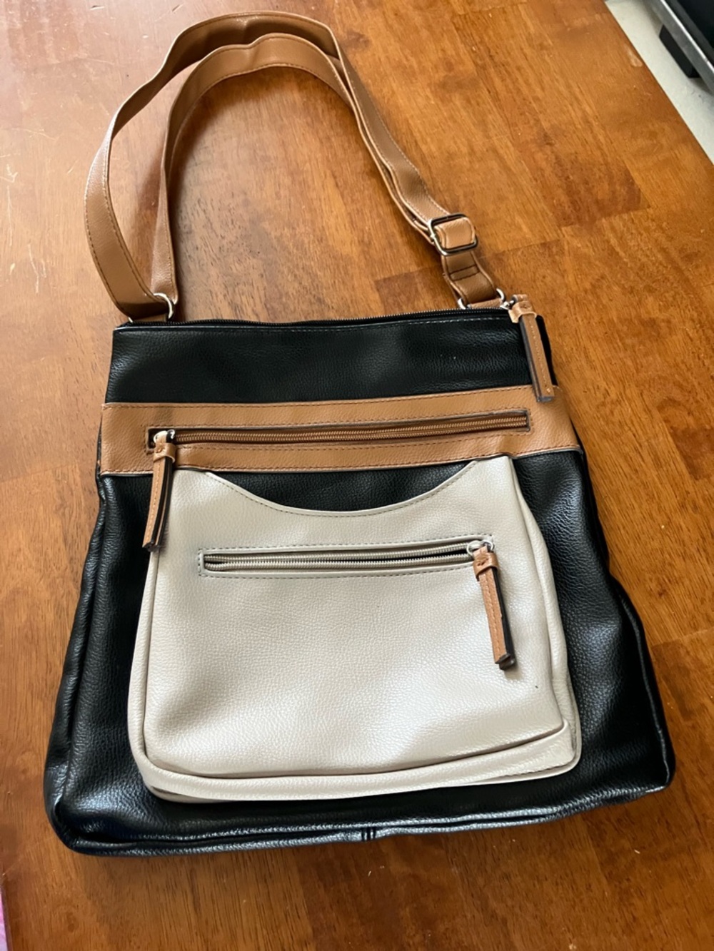 Multi-Compartment Black, Tan & Cream Crossbody Tote